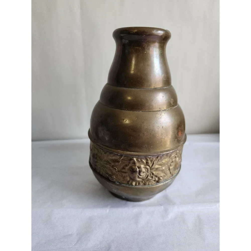 Vintage Brass Beehive Vase Embossed Floral Rose Band Tiered Bud Vase Patina